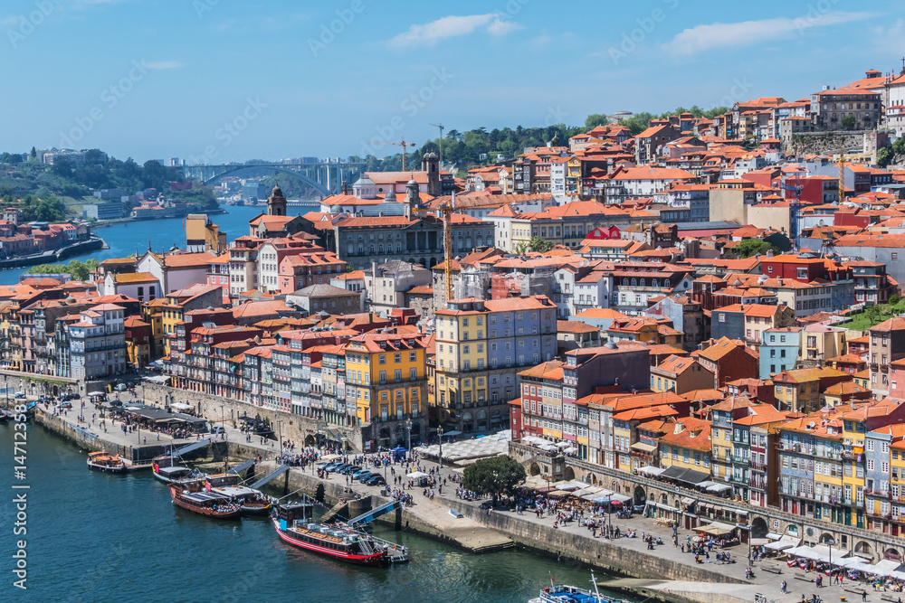 Aerial view of Douro river and Ribeira district. Porto. Portugal
