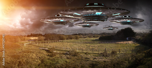 Fototapeta Naklejka Na Ścianę i Meble -  UFO invasion on planet earth landascape 3D rendering