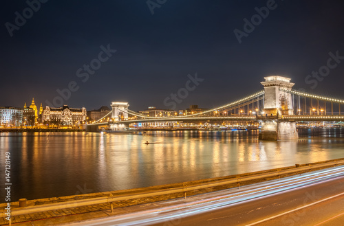 Night view of the Szechenyi Chain Bridge in the Bupapest  Hungary.