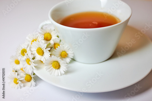 White cup with herbal camomile tea on the white background. Near are the small flowers of camomile.