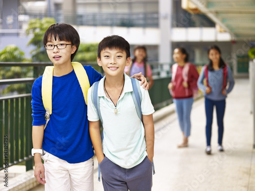 Photography asian elementary school student walking on campus