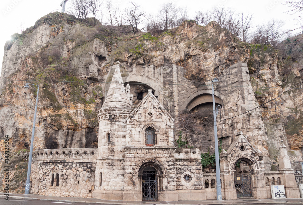 Facade of the Cave Church located inside Gellert Hill in Budapest