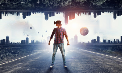 Man in virtual helmet
