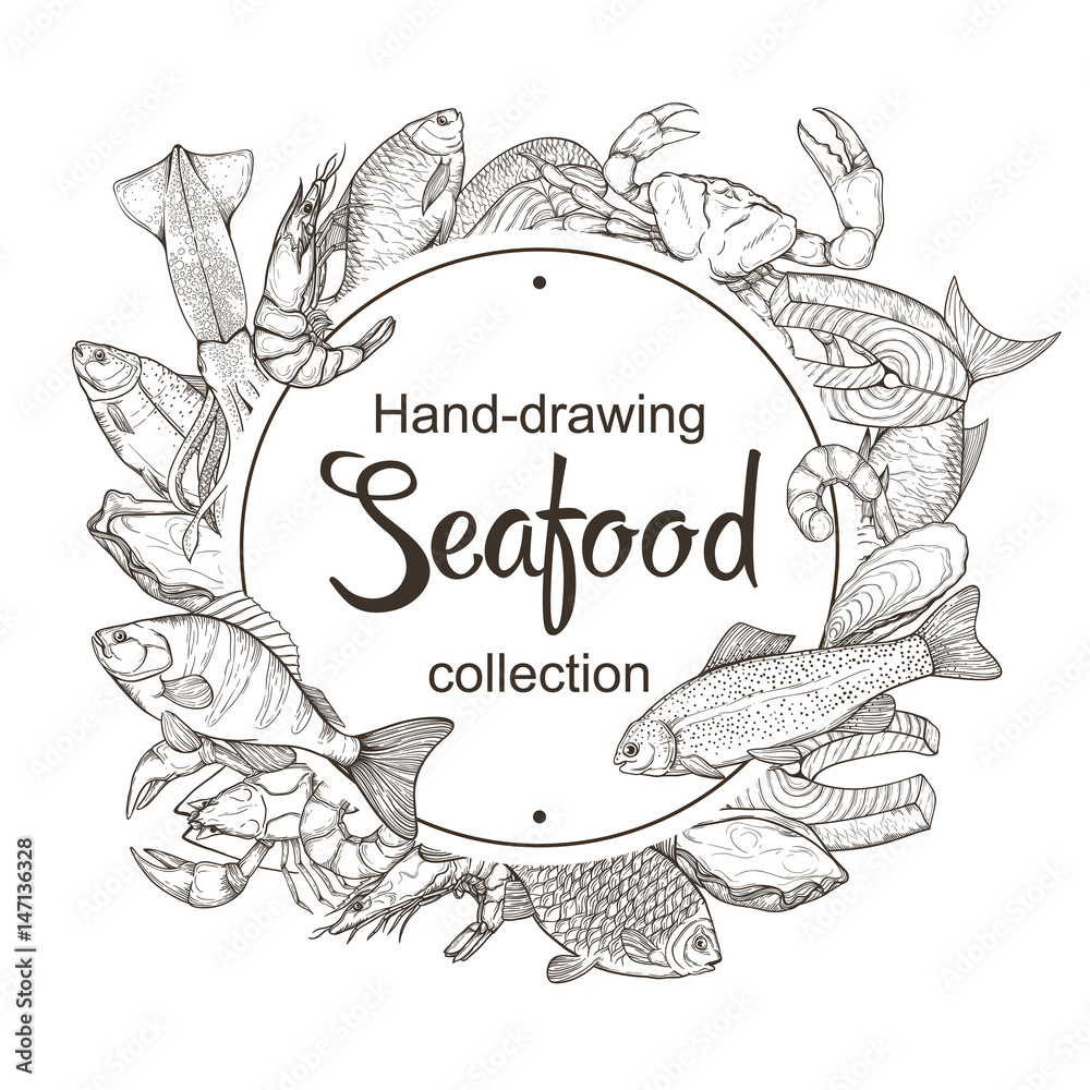 Vector background with line sketches of fish and seafood Vector background with line sketches of fish and seafood