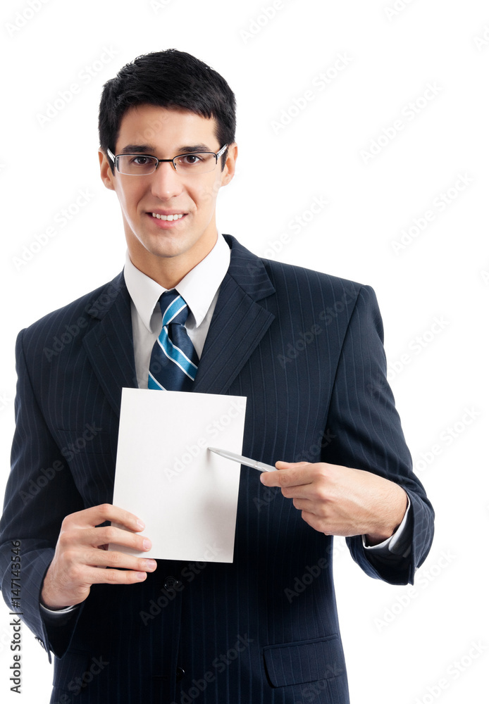 Businessman showing signboard with copyspase, on white Businessman showing signboard with copyspase, on white