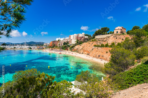 Beautiful view of the seaside beach Platja de l'Oratori Puerto Portals Nous on Mallorca Spain
