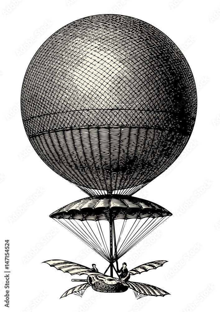 Obraz premium vintage steampunk vector design element: retro drawing of a hot air balloon / dirigible / airship isolated on white