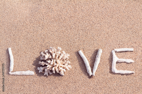 Love word written from corals on the beach 