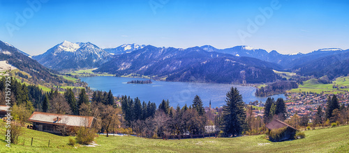 Panoramic landscape with mountain lake of Schliersee near Tegernsee, German Alps, Bavaria, Germany