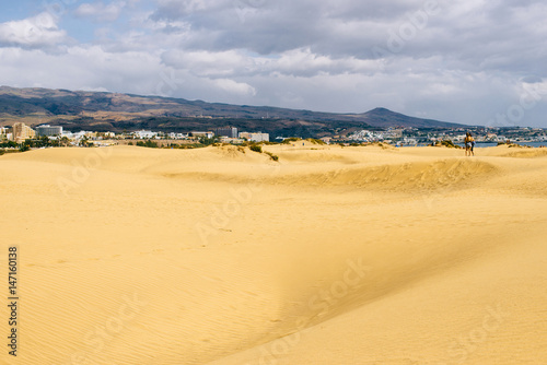 Yellow sand against the background of green mountains