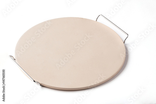 Pizza stone with metal rack on a white background