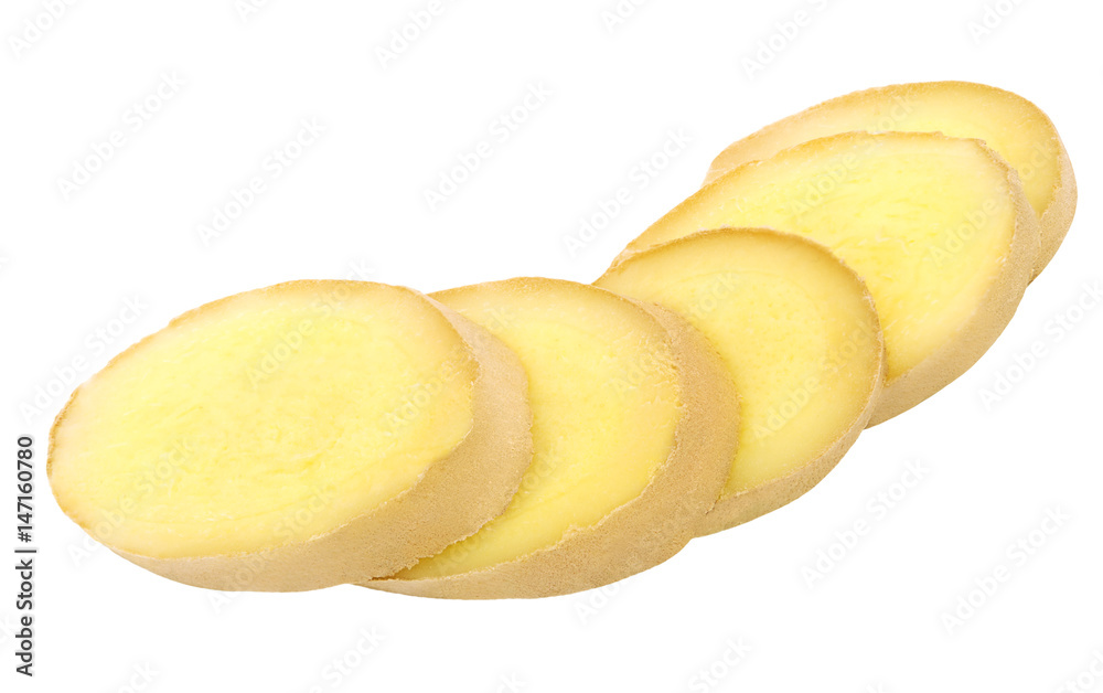 Fresh ginger slices isolated on a white background. Fresh ginger slices isolated on a white background.