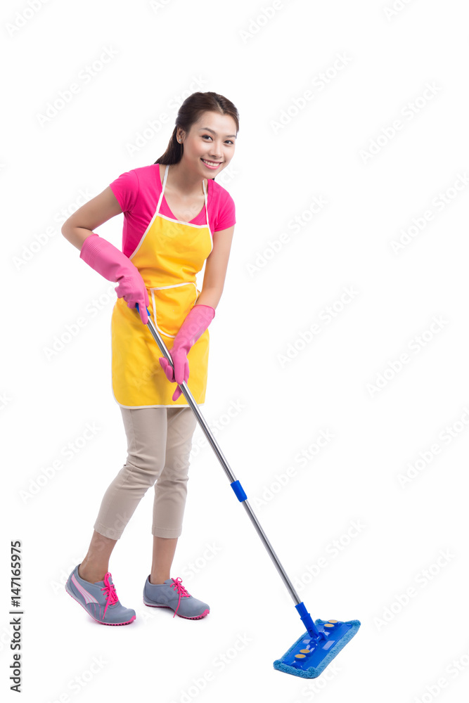 Portrait Of Young Asian housewife Cleaning Floor With Mop in full length Portrait Of Young Asian housewife Cleaning Floor With Mop in full length