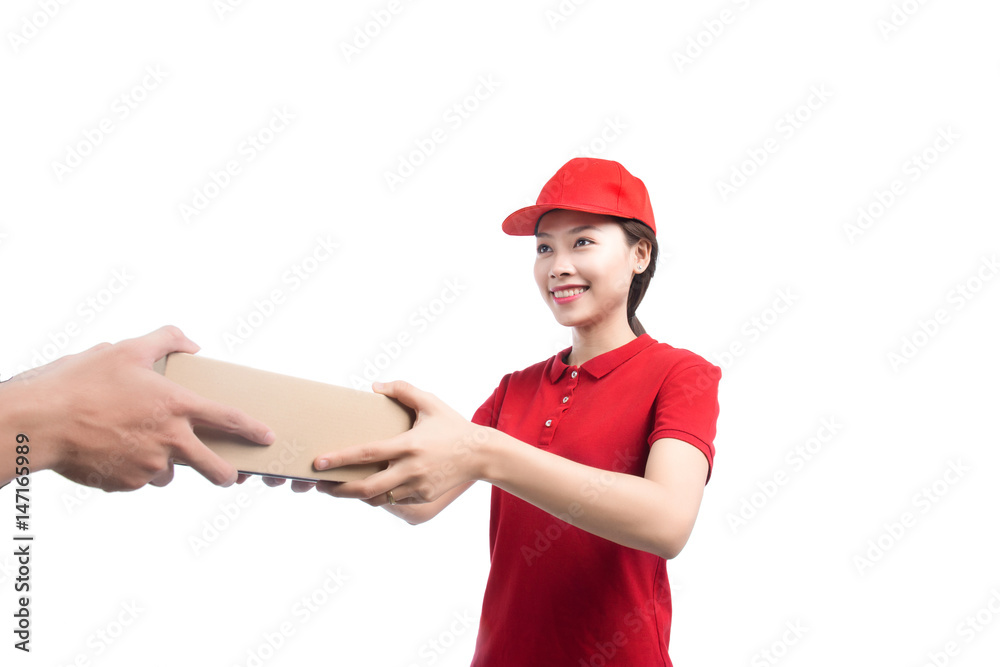 Portrait of delivery woman service happily delivering package to costumer Portrait of delivery woman service happily delivering package to costumer