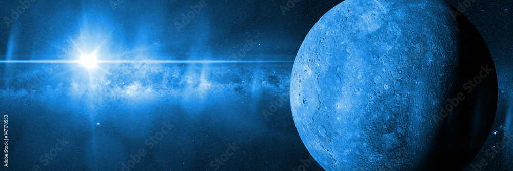 blue planet Mercury in front of the Milky Way galaxy lit by the Sun - obrazy, fototapety, plakaty 