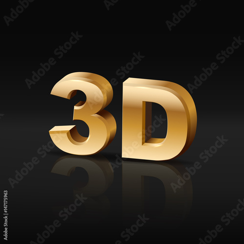 3D golden symbol with mirror reflection on black background.