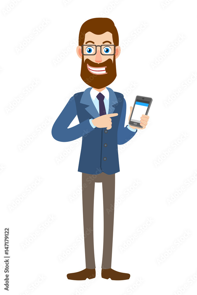 Hipster Businessman pointing at mobile phone in his hand