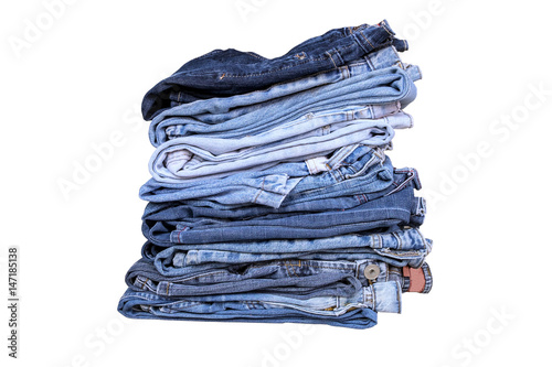 Jeans stacked on white background., This has clipping path.