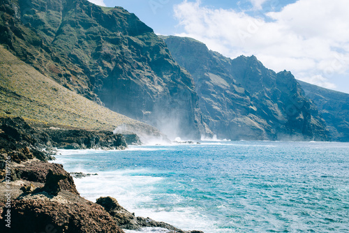 Ocean waves beating against high mountains in the Canary Islands