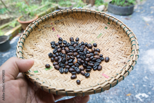 Roasted coffee beans in bamboo tray