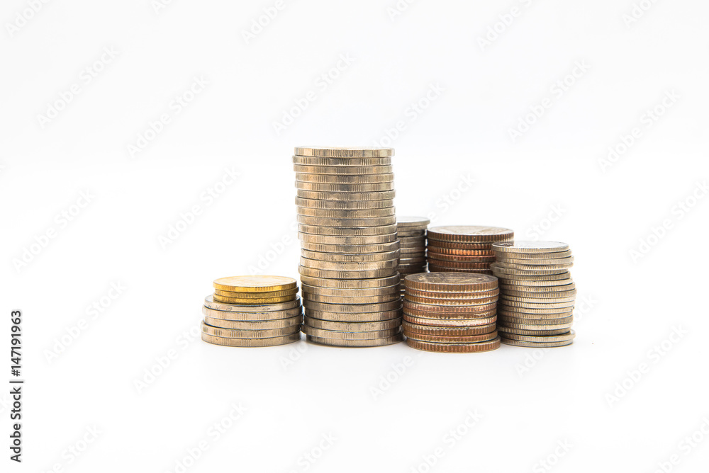 Stack of coins isolated on white background for business finance concept Stack of coins isolated on white background for business finance concept
