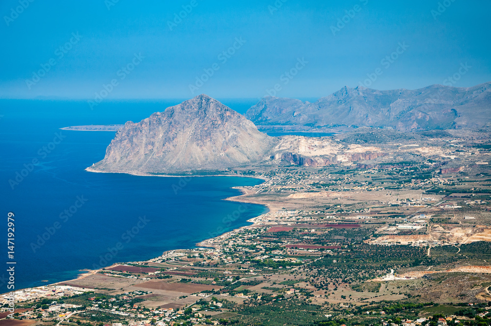 Aerial view of Cofano mount and the Tyrrhenian coastline from Erice, Sicily, Italy