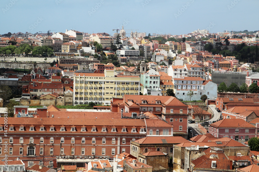 Lisbon Historical City Panorama with orange tiled roofs, Portugal 