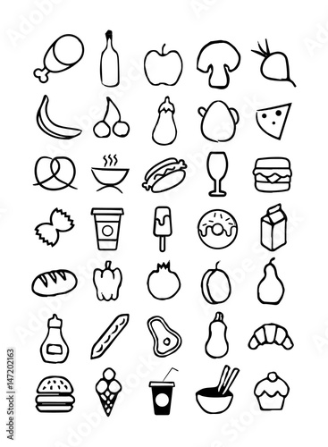 Party Foods  Fruits  Sweets  Drinks  Ice Cream  Pastry  Pizza and Burgers - Vector Icons Set in Minimalist Child Theme Isolated on White Background