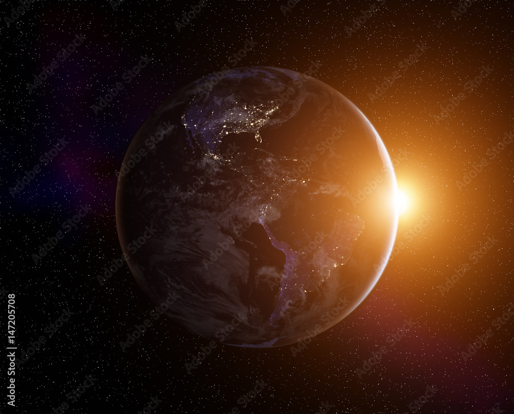 Fototapeta Planeta ziemia z wschodzącego słońca, widok z kosmosu. Elementy tego obrazu dostarczone przez NASA