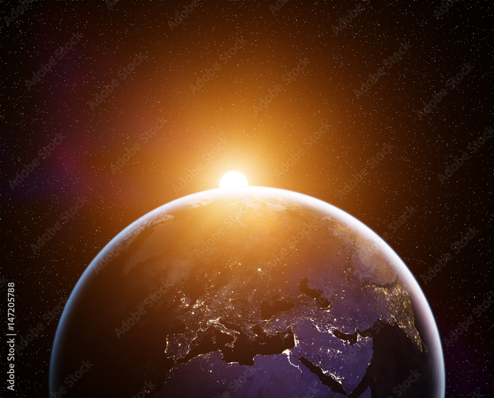 Naklejka Planeta ziemia z wschodzącego słońca, widok z kosmosu. Elementy tego obrazu dostarczone przez NASA