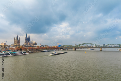 Rhine in Cologne with cathedral and ships