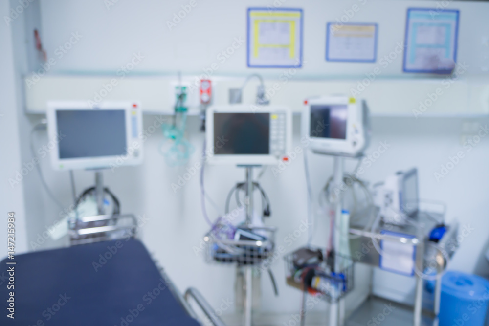 Blur of equipment and medical devices in modern operating emergency room take with art lighting and blue filter,ready for operation,interior with the anesthesiology machine,OR