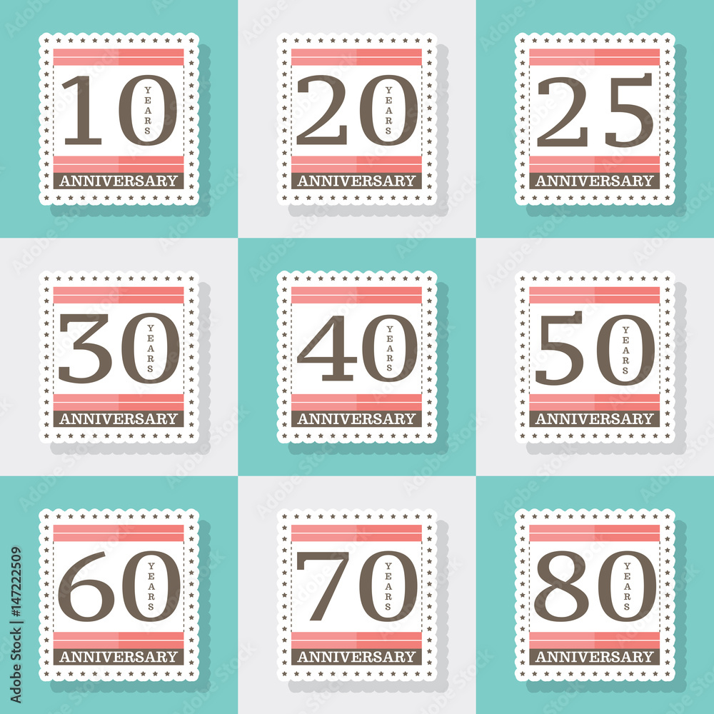 Vector set of anniversary signs, symbols. 10, 20, 25, 30, 40, 50, 60, 70, 80  years jubilee design elements collection.