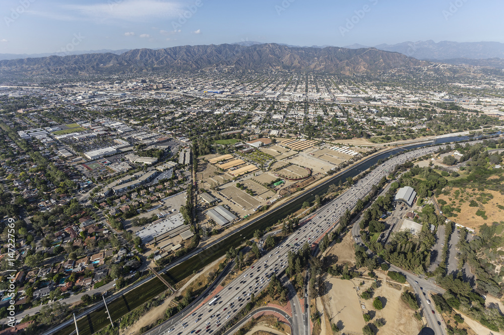 Aerial view of Burbank, the Ventura 134 Freeway and the Los Angeles Equestrian Center in Griffith Park. 