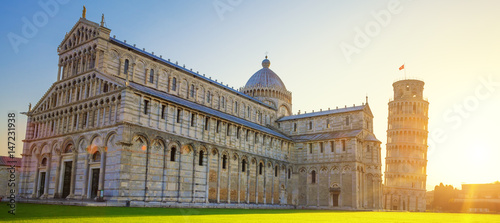 Pisa leaning tower and cathedral at sunrise