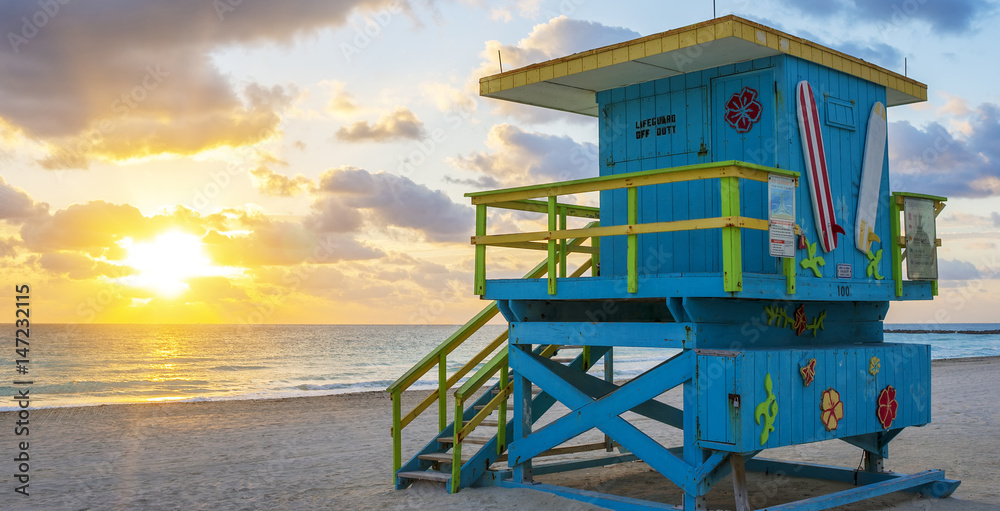 Beautiful Miami South Beach sunrise with lifeguard tower, USA. Beautiful Miami South Beach sunrise with lifeguard tower, USA.