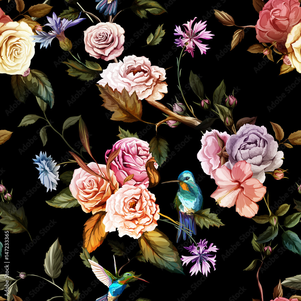 Seamless pattern of carnation flowers, roses, peony, leaves, cornflowers and humming bird on black. Vintage style. Vector stock - obrazy, fototapety, plakaty 