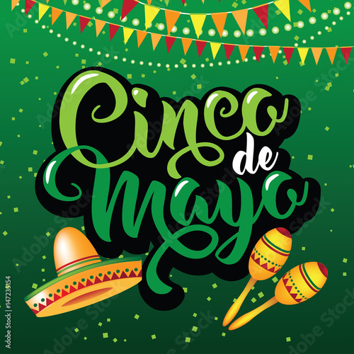 Cinco de Mayo poster design template with lettering, flaming red pepper jalapeno and sombrero - symbols of holiday. AI 10 vector. © Michele Paccione