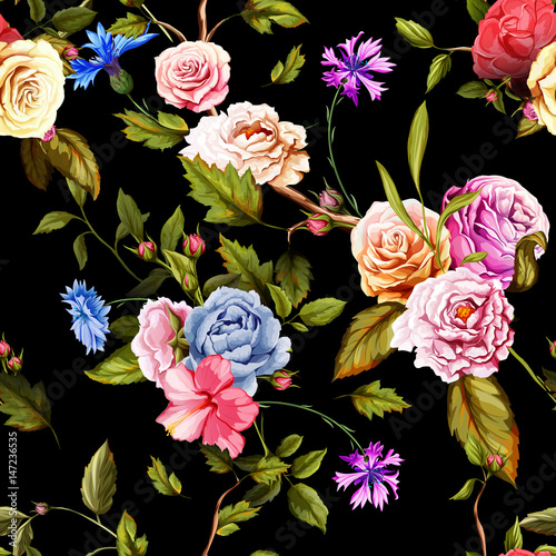 Seamless pattern of carnation flowers, roses, peony, leaves, cornflowers on black. Vintage style. Rose, peony, carnation, cornflower. Vector stock