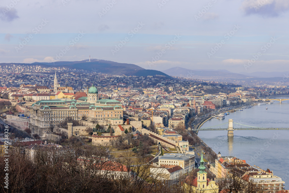 Aerial view of Budapest with Royal Palace and Danube river, Budapest, Hungary