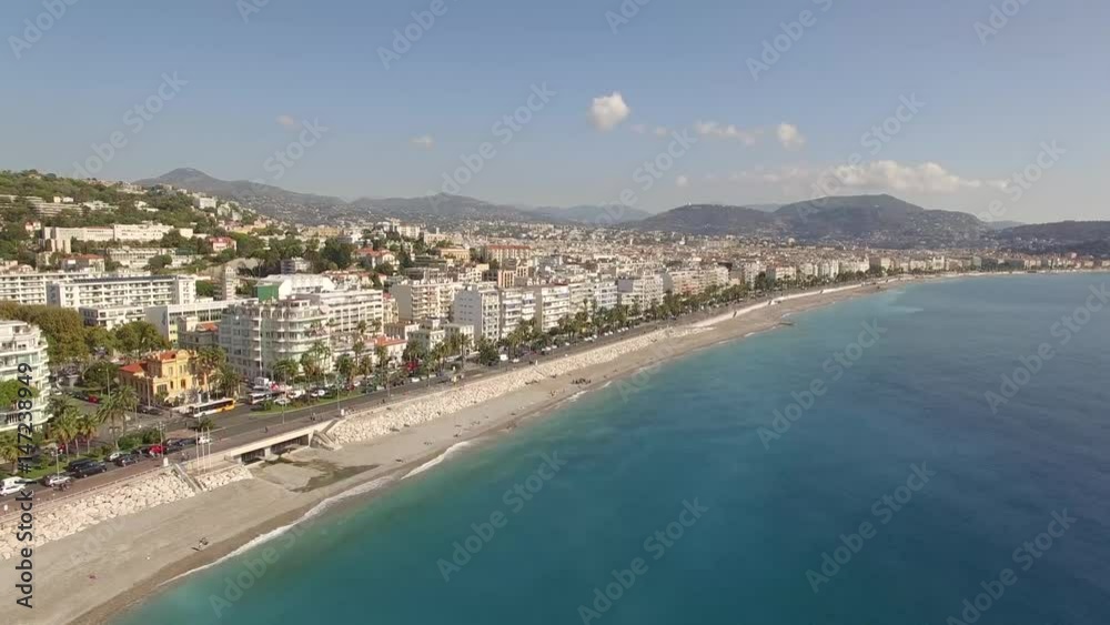Nice, France- drone shot of town and beach Nice, France- drone shot of town and beach