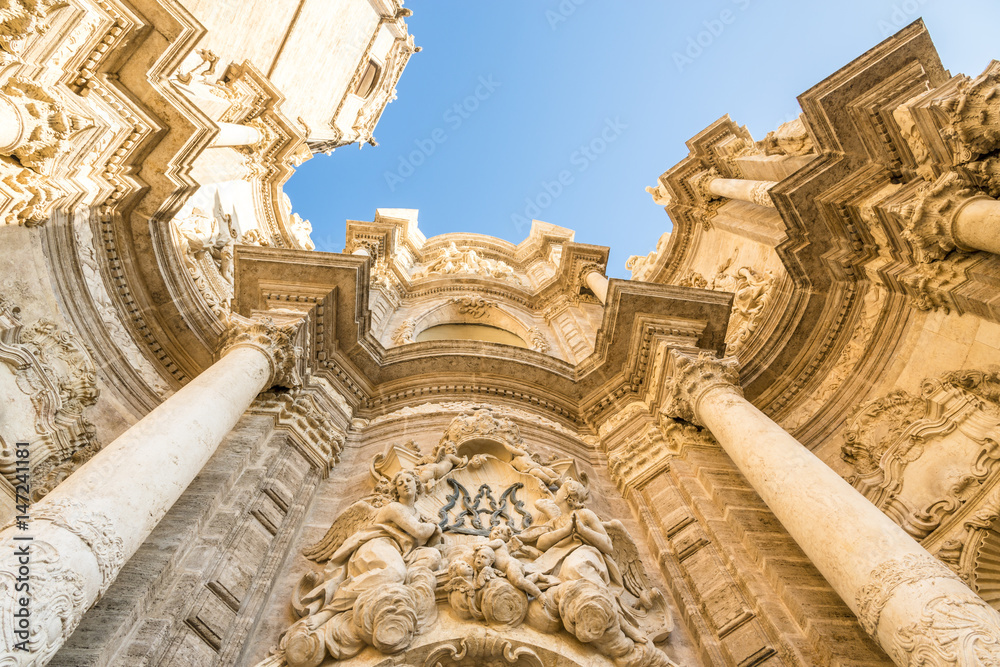 Valencia Cathedral. Details of the facade of the Cathedral Church. Spain.