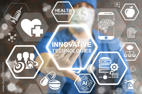 Innovative Technologies in medicine. Health care innovation information technology integration. Doctor touched icon INNOVATIVE TECHNOLOGIES text on virtual screen. Big Data, Cloud, AI, Microchip.