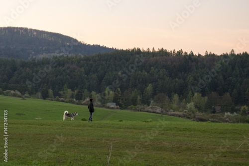 Man walking a dog on meadow. Slovakia © Valeria