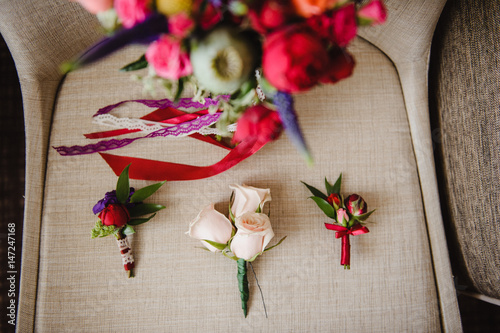 Fototapeta Naklejka Na Ścianę i Meble -  Bright and stylish bouquet of the bride. Wedding floristics and details.