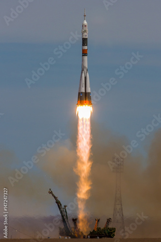 Baikonur, Kazakhstan - April 20, 2017: Launch of the spaceship "Soyuz MS-04" to ISS with shortened crew 