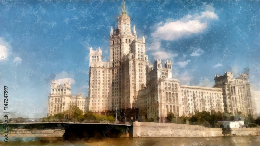 Skyscraper on the waterfront promenade. Moscow sights, view from the Moskva River, watercolor drawing, illustration