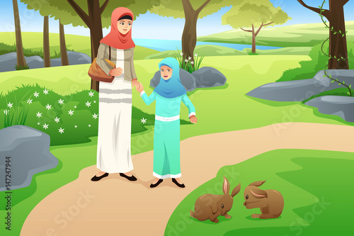 Muslim Girl and Her Mother Walking in a Park