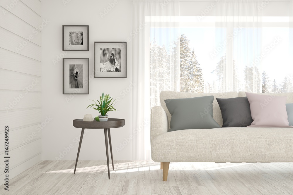 White room with sofa and winter landscape in window. Scandinavian interior design. 3D illustration White room with sofa and winter landscape in window. Scandinavian interior design. 3D illustration