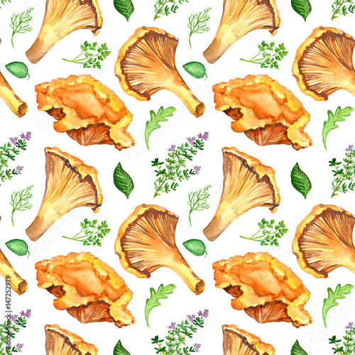 Chanterelles mushrooms and culinary herbs, seamless pattern design, hand painted watercolor illustration